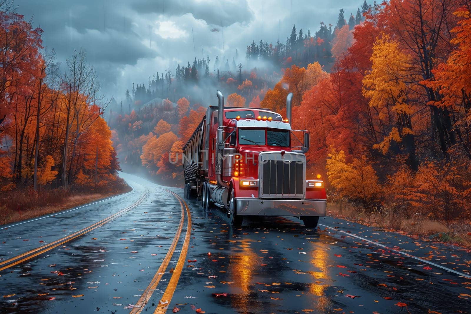 a semi truck is driving down a wet road in the rain by richwolf