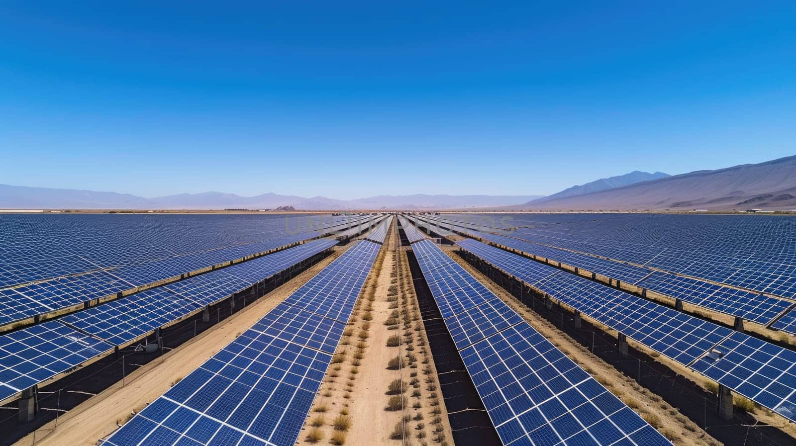 A vast solar panel farm stretches across a desert landscape, harnessing the power of the sun for renewable energy. AIG41 by biancoblue