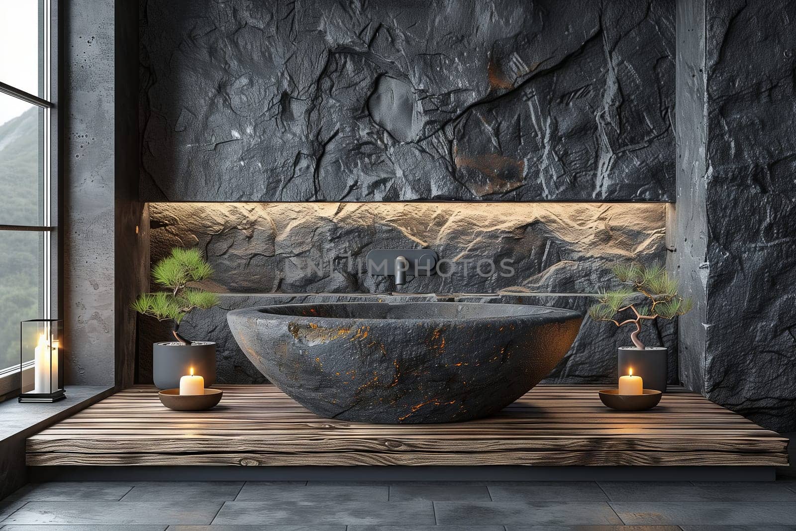 a bathroom with a large stone bathtub and a window by richwolf