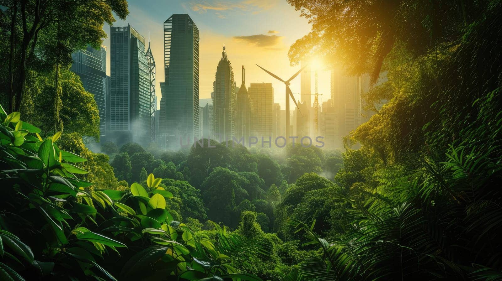 A futuristic cityscape blends with lush greenery, symbolizing sustainable urban living. AIG41