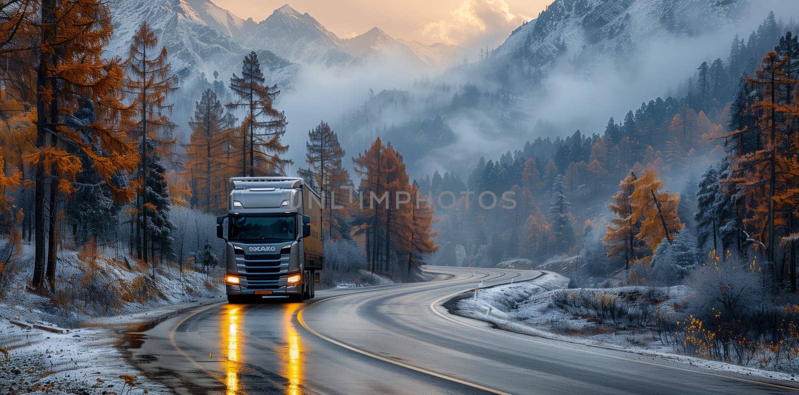 A vehicle is navigating a snowcovered mountain road lined with trees under cloudy skies