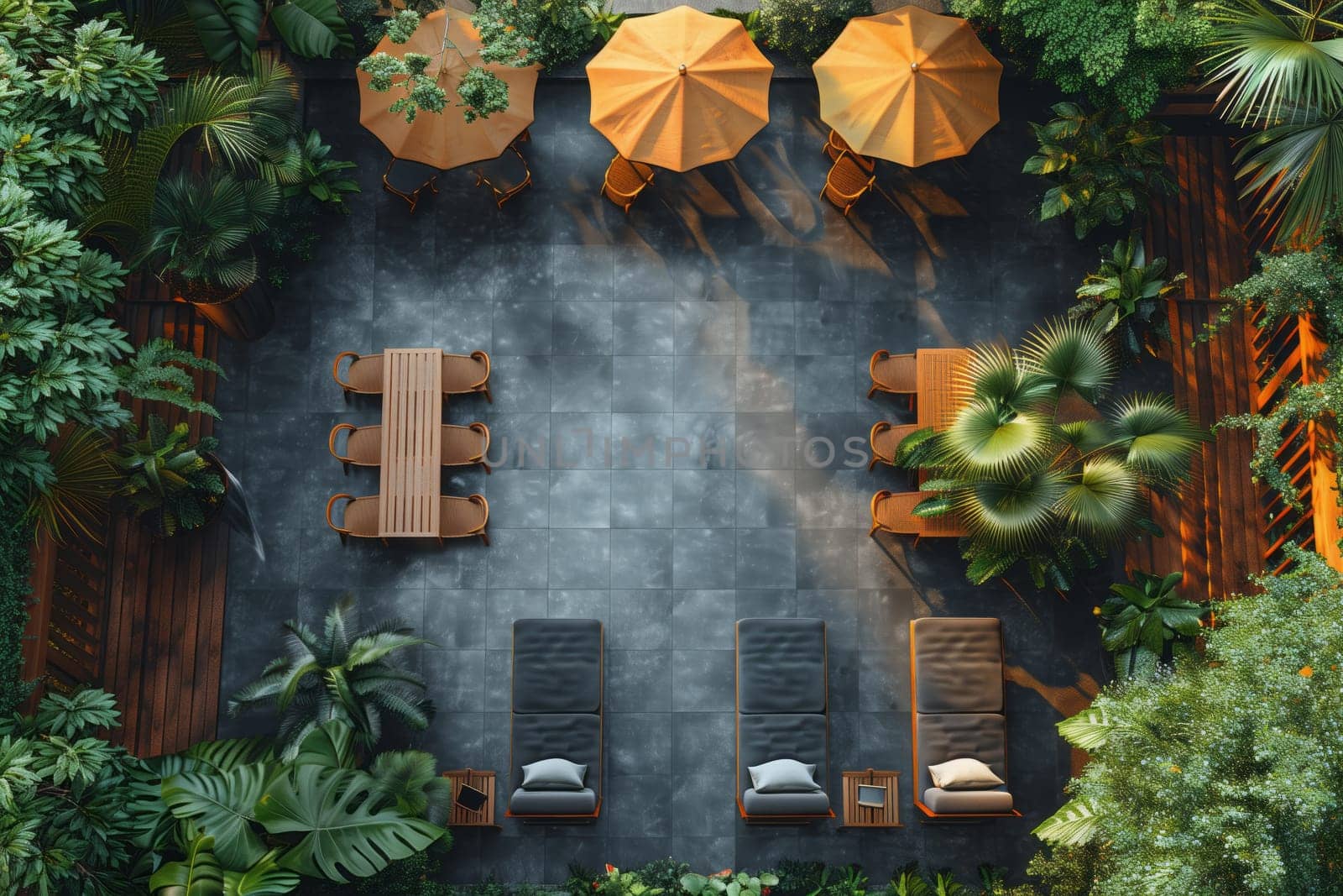 An aerial view of a patio set with tables, chairs, umbrellas, and plants creating a beautiful outdoor landscape with a mix of nature and manmade elements