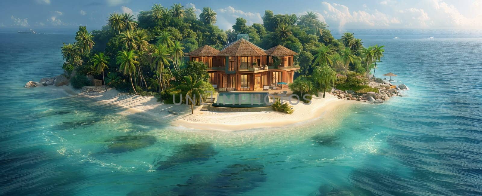 a small island in the middle of the ocean with a house on it by richwolf