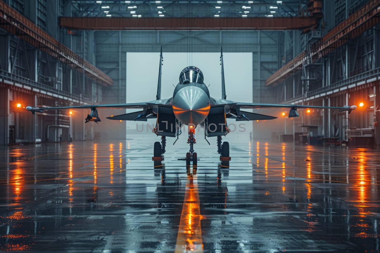 A military aircraft, specifically a fighter jet, is stored in a hangar at an aerospace manufacturers building