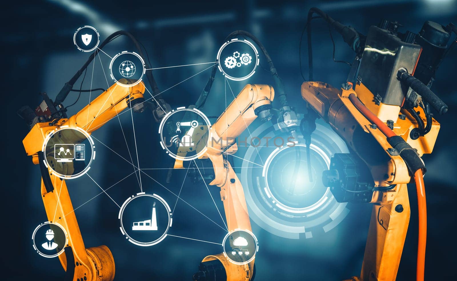 XAI Smart industry robot arms for digital factory production technology showing automation manufacturing process of the Industry 4.0 or 4th industrial revolution and IOT software to control operation.