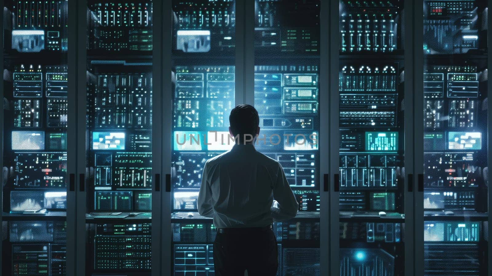 A guy stands before a wall of computer monitors displaying water-like electronic devices in electric blue font, bringing entertainment to the city amidst the darkness. AIG41