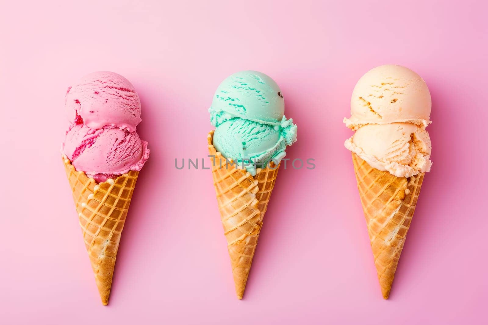 Three ice cream cones displayed on a pastel pink background, creating a sweet and colorful composition.