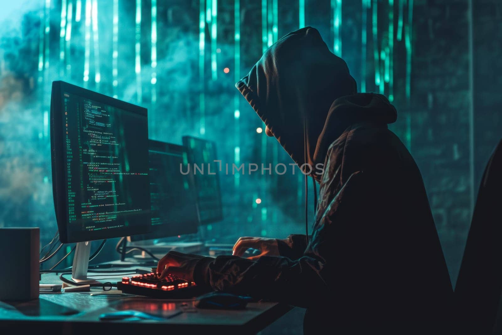 A person sitting at a desk, working diligently on a computer. The individuals face is hidden, focused on writing code on the screen.