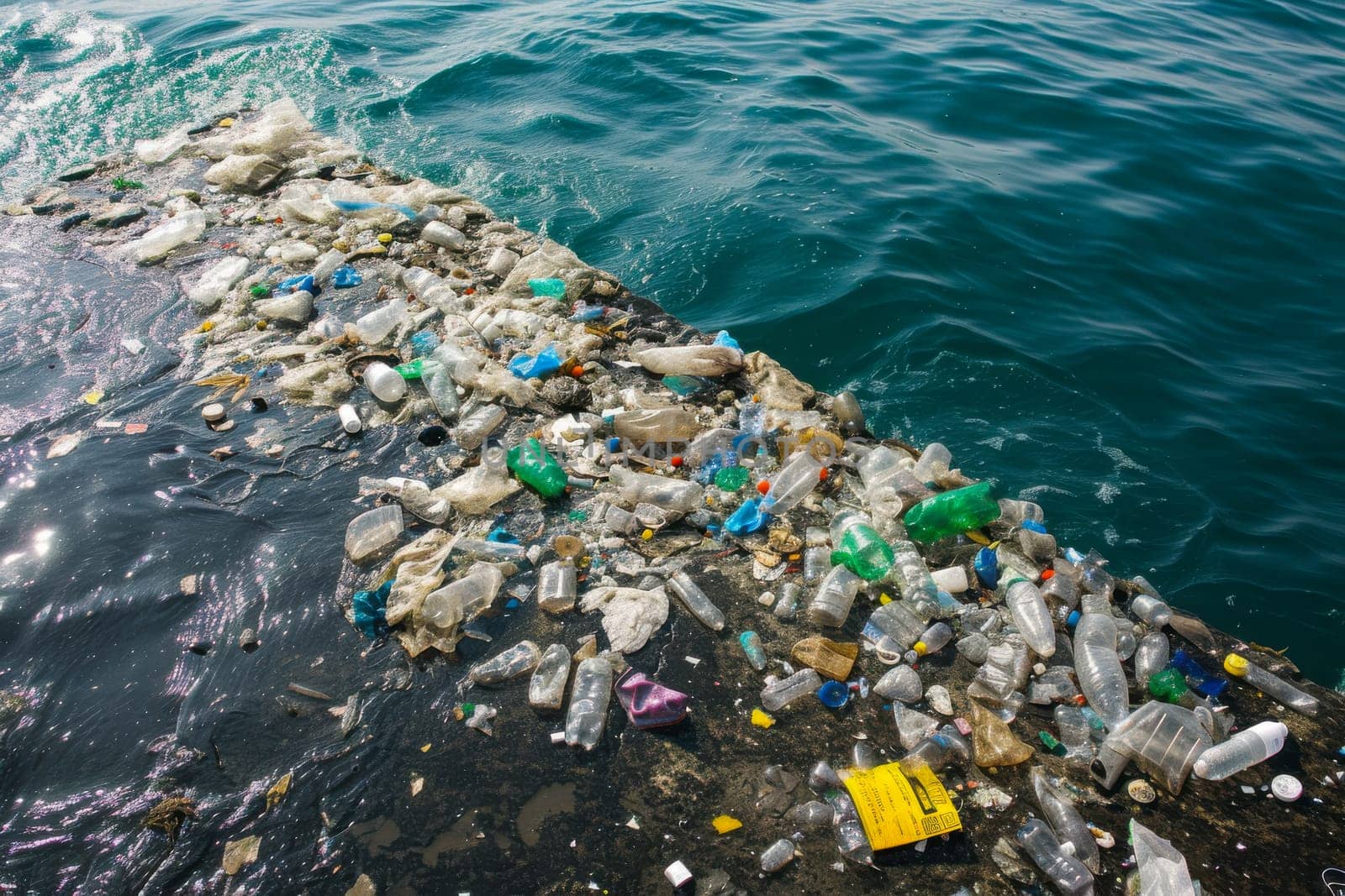 A disturbing scene of a large amount of trash floating on top of a body of water, showcasing the environmental impact of plastic pollution.
