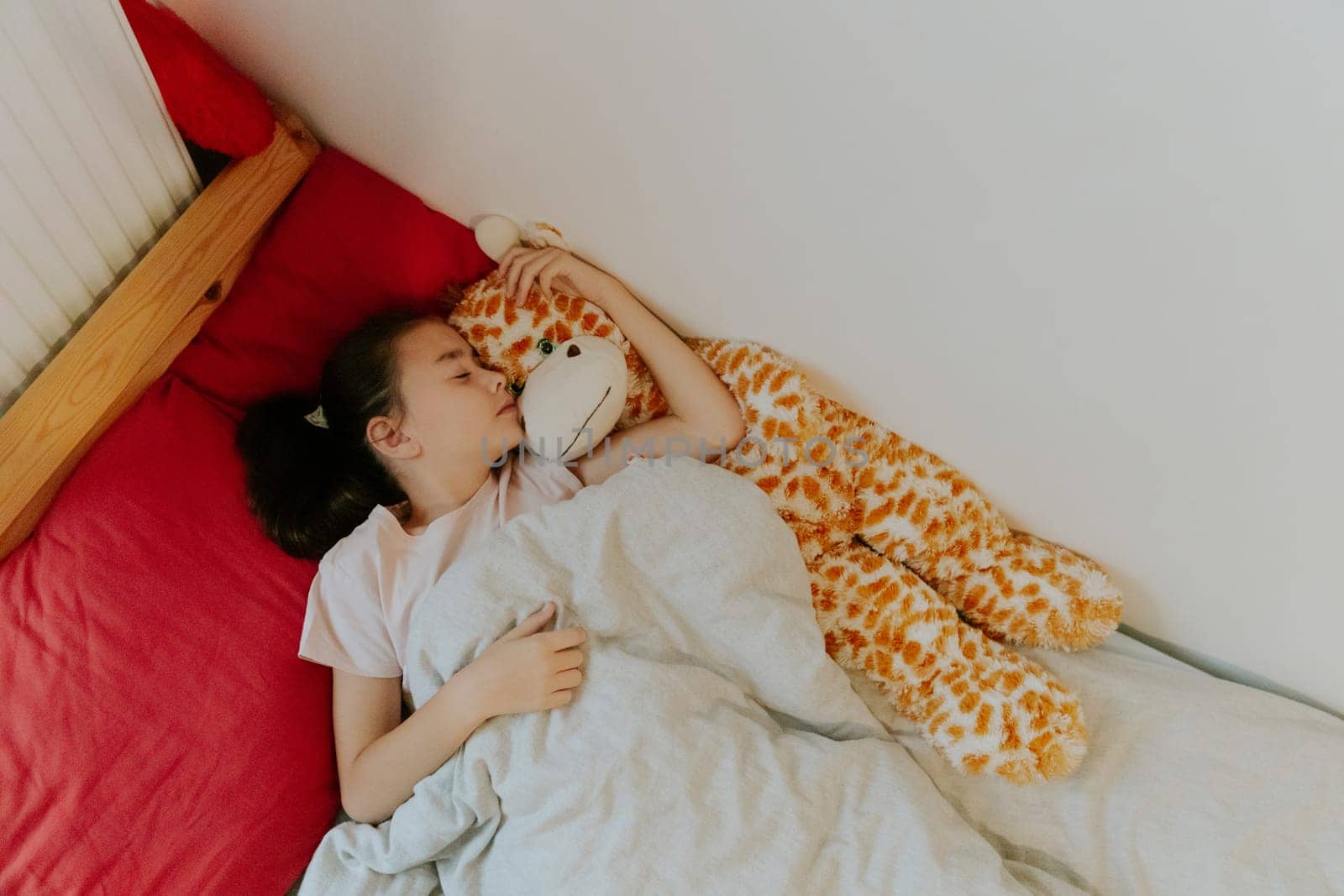 One beautiful little Caucasian brunette girl sleeps sweetly in a wooden bed on a red pillow, hugging a soft giraffe toy, covered with a gray blanket, flat lay close-up.
