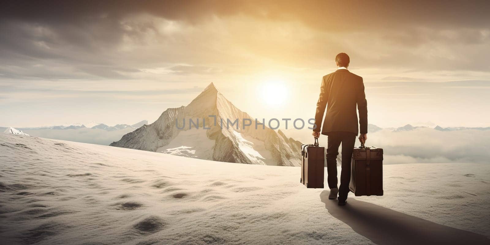 Rear view of businessman wearing formal suit and holding suitcase, standing on the mountain peak while looking at sky. by Jyliana