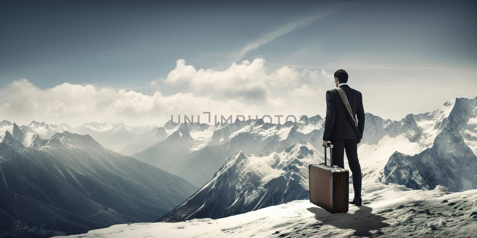 Rear view of businessman wearing formal suit and holding suitcase, standing on the mountain peak while looking at sky. by Jyliana