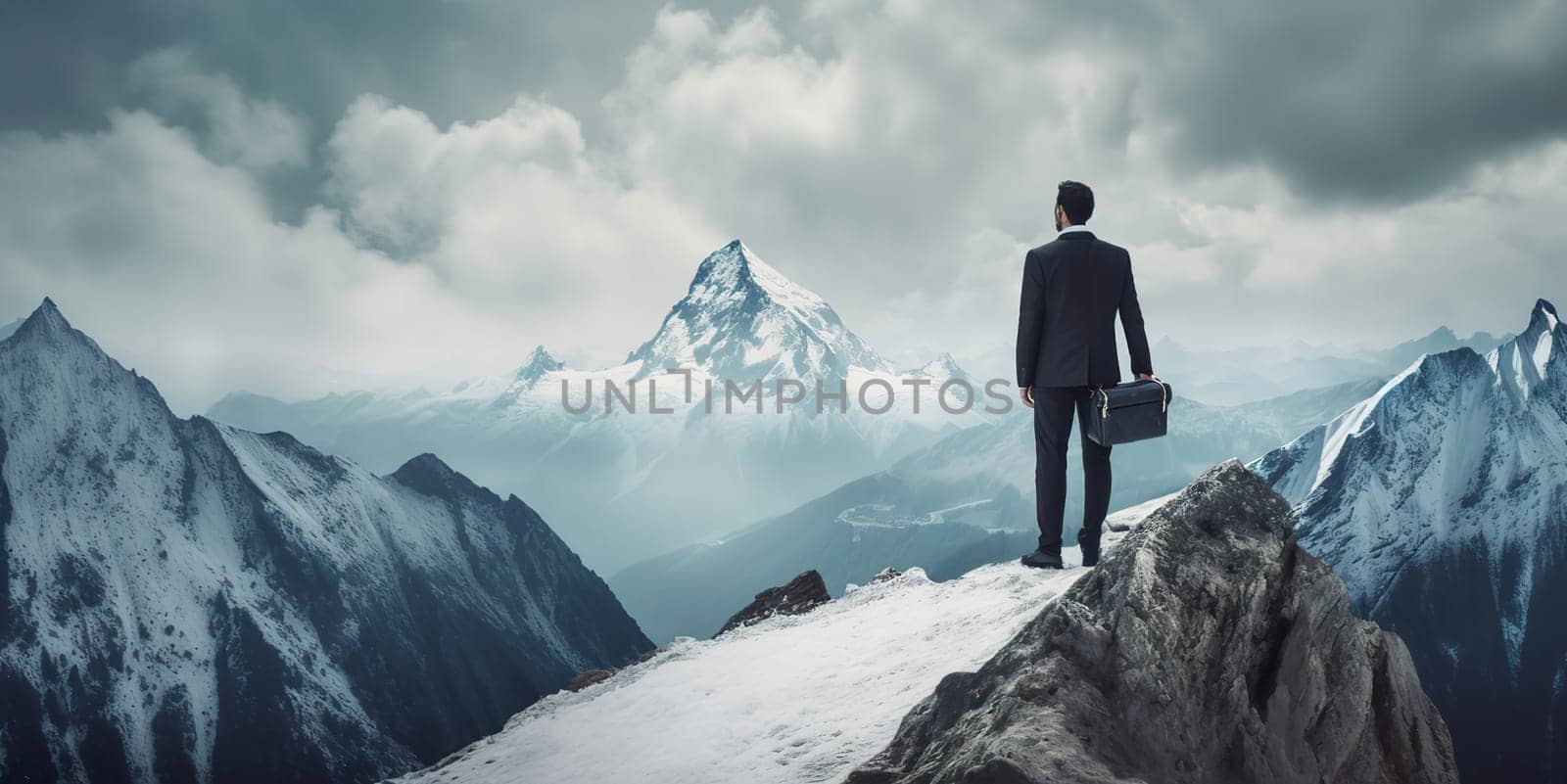 Rear view of businessman wearing formal suit and holding suitcase, standing on the mountain peak while looking at sky. by Jyliana