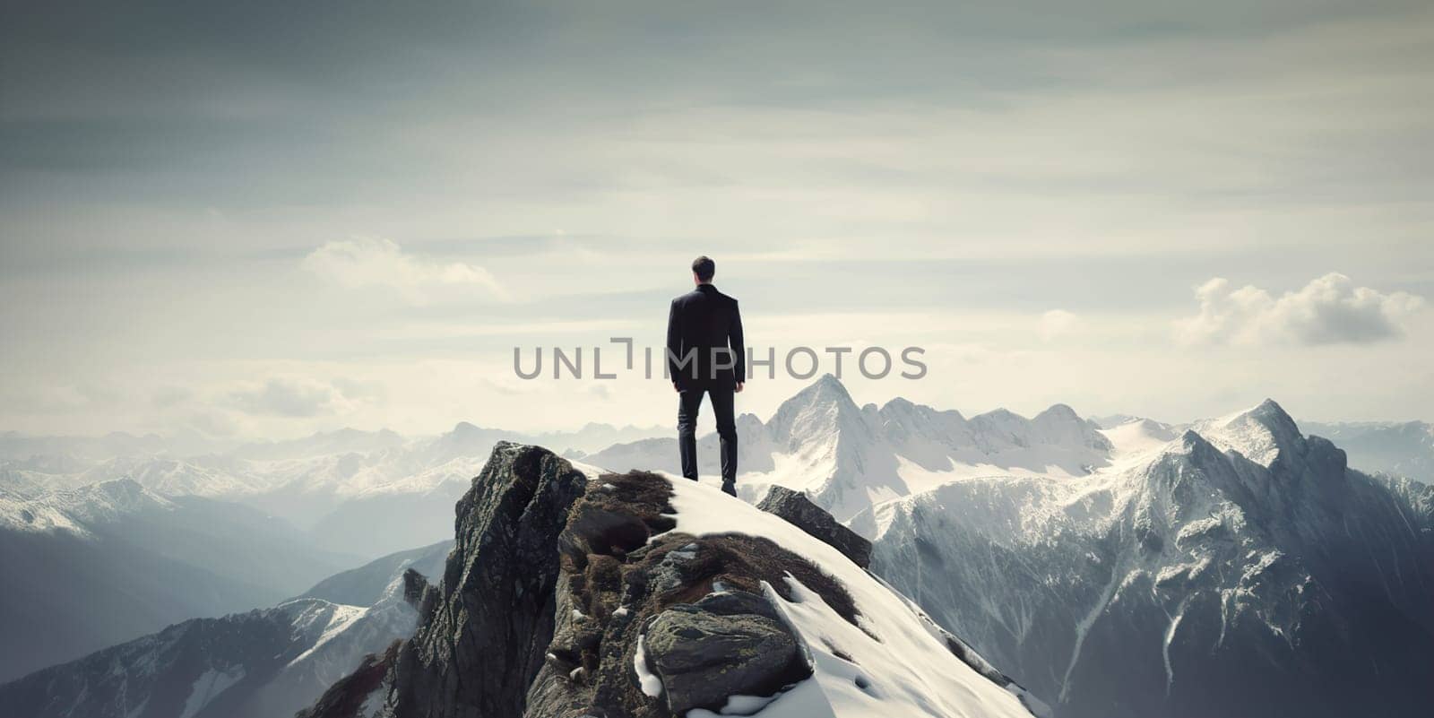 Rear view of businessman wearing formal suit and holding suitcase, standing on the snow mountain peak while looking at sky