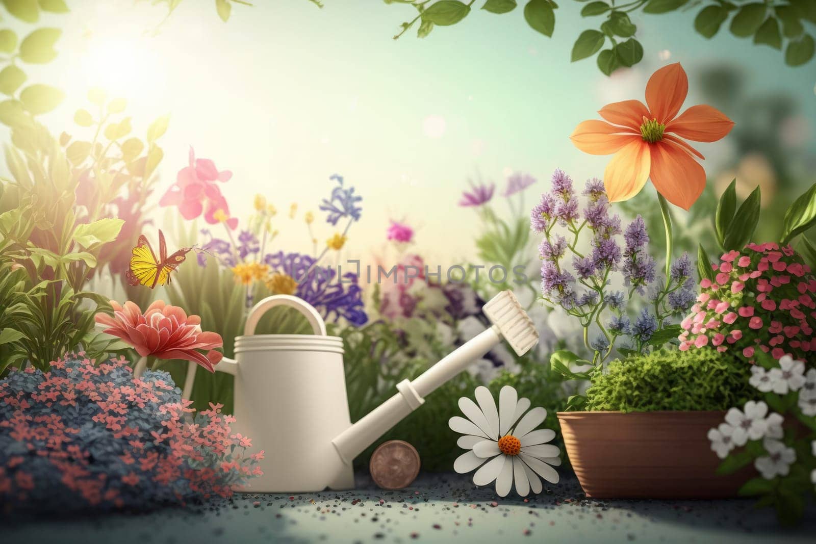 illustration of spring landscape with gardening tools, ai generative,