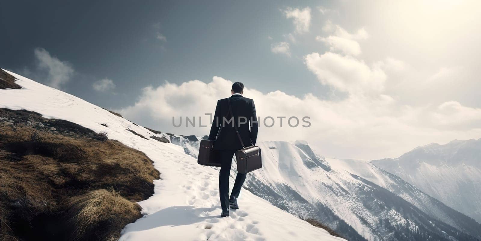 Rear view of businessman wearing formal suit and holding suitcase, standing on the mountain peak while looking at sky. by Jyliana