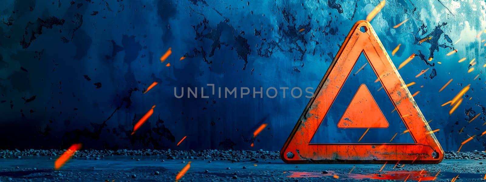 Hazard Warning Triangle on Blue and Orange Dynamic Background, copy space