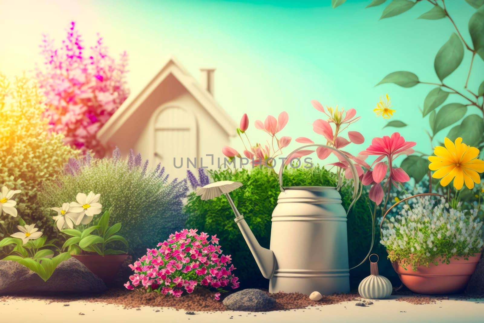 illustration of flower pots and flowers on a white background generative ai.