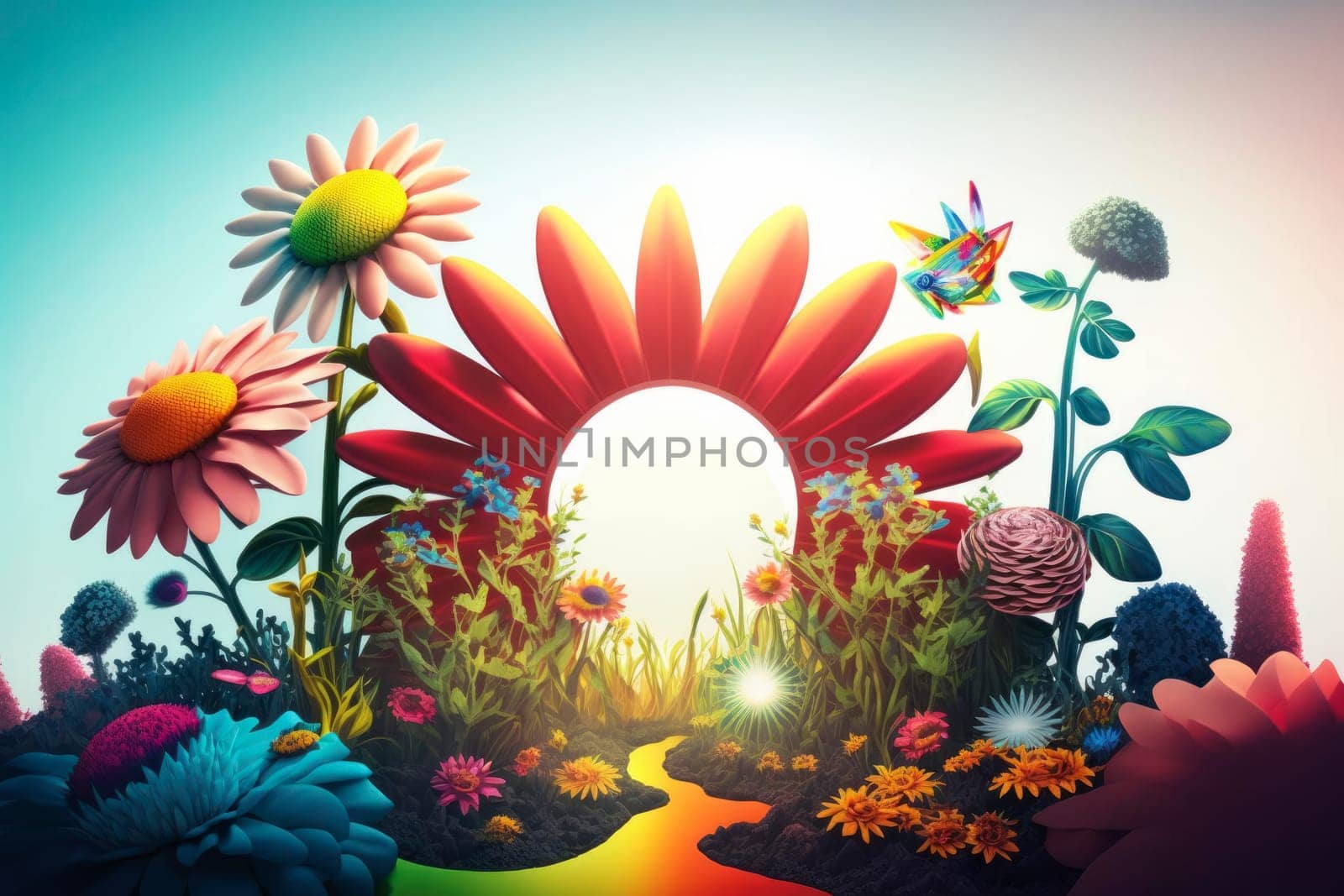 sicodelic spring illustration of garden background, generative ai,