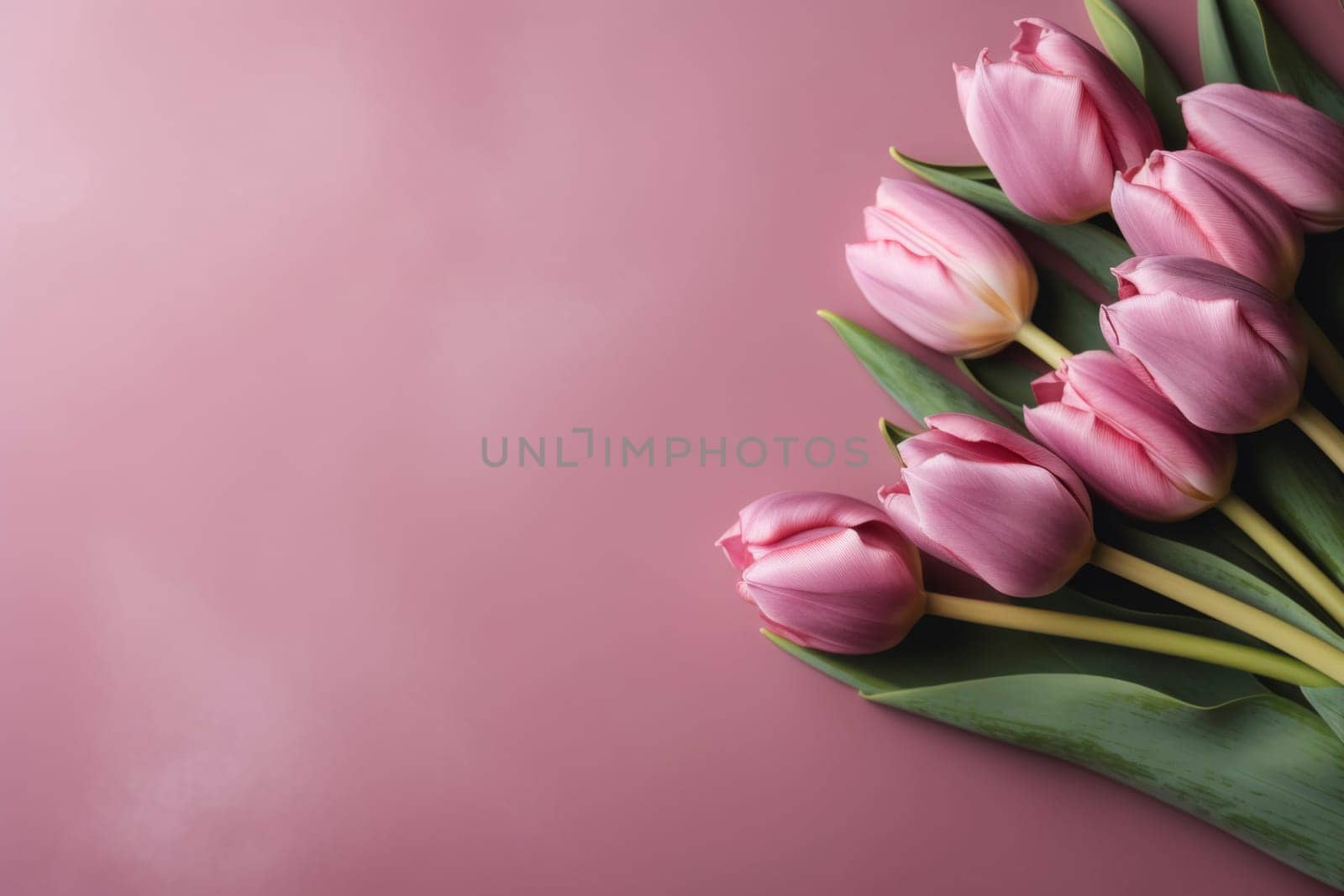 Bouquet of pink tulips arranged on a pastel background