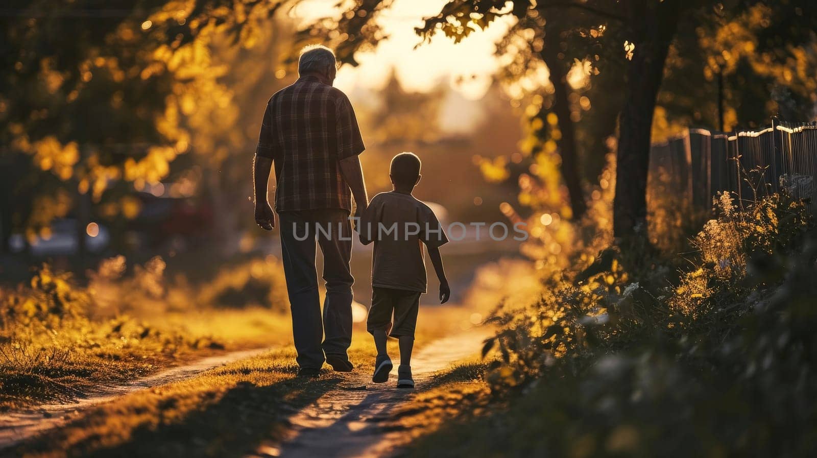Senior and child strolling together. Elderly Man and Young Boy Enjoying a Peaceful Walk Together at Sunset on a Rustic Pathway