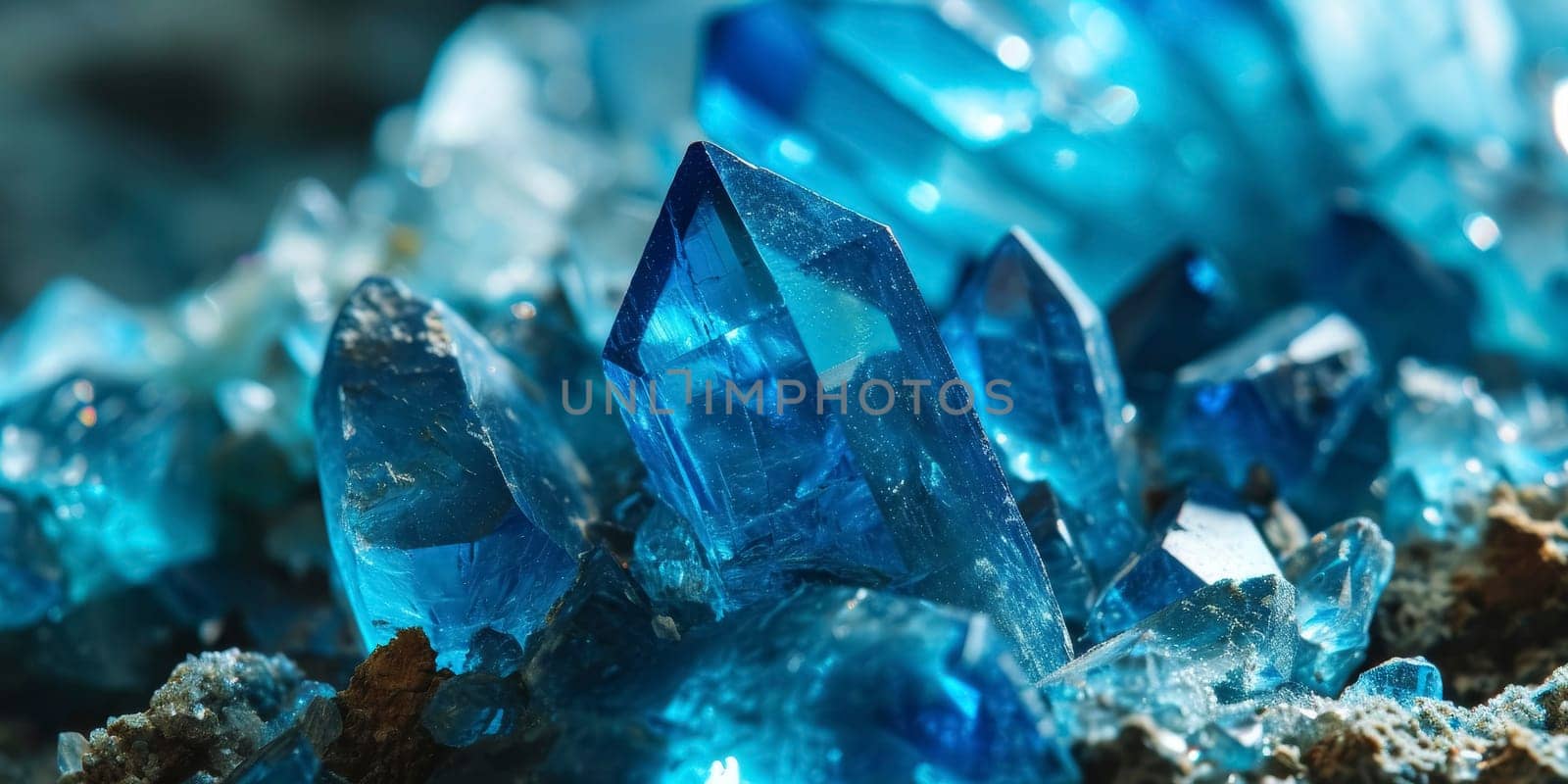 Close-up of radiant blue mineral crystals with sharp edges and a deep blue color.