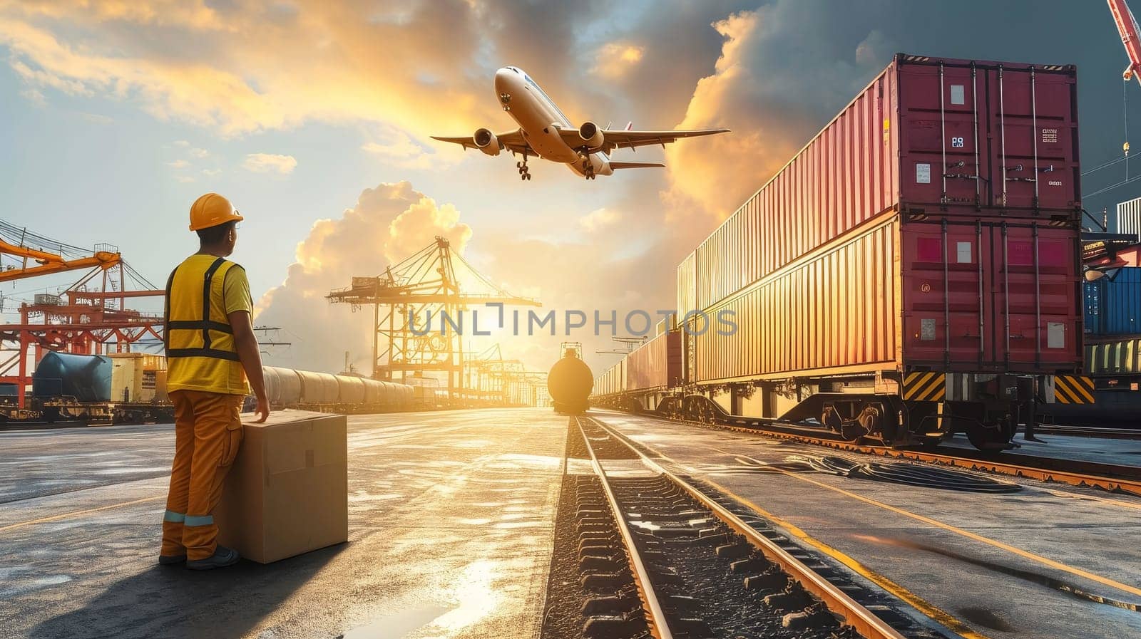 A dock worker in safety gear watches a cargo airplane fly above a busy industrial port at sunset.