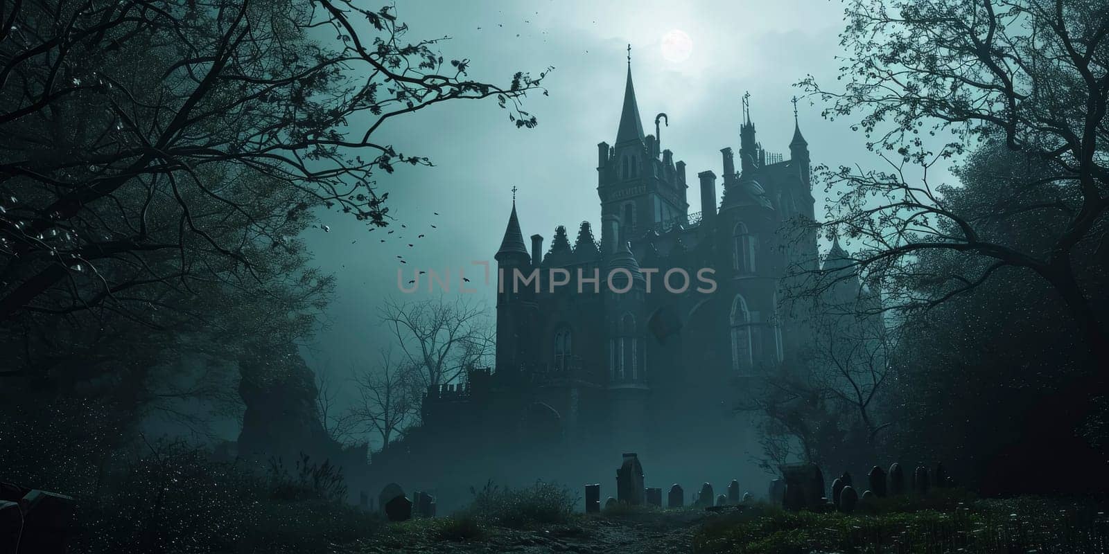 Gothic Castle with Moonlit Cemetery Scene by andreyz