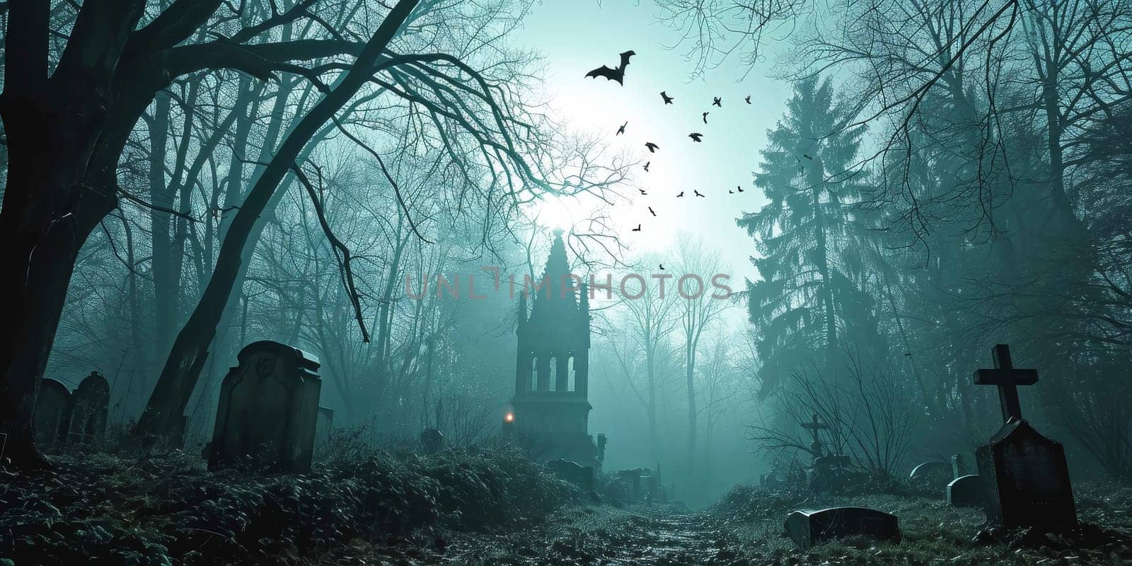 Mystical Cemetery in Foggy Forest with Bats by andreyz