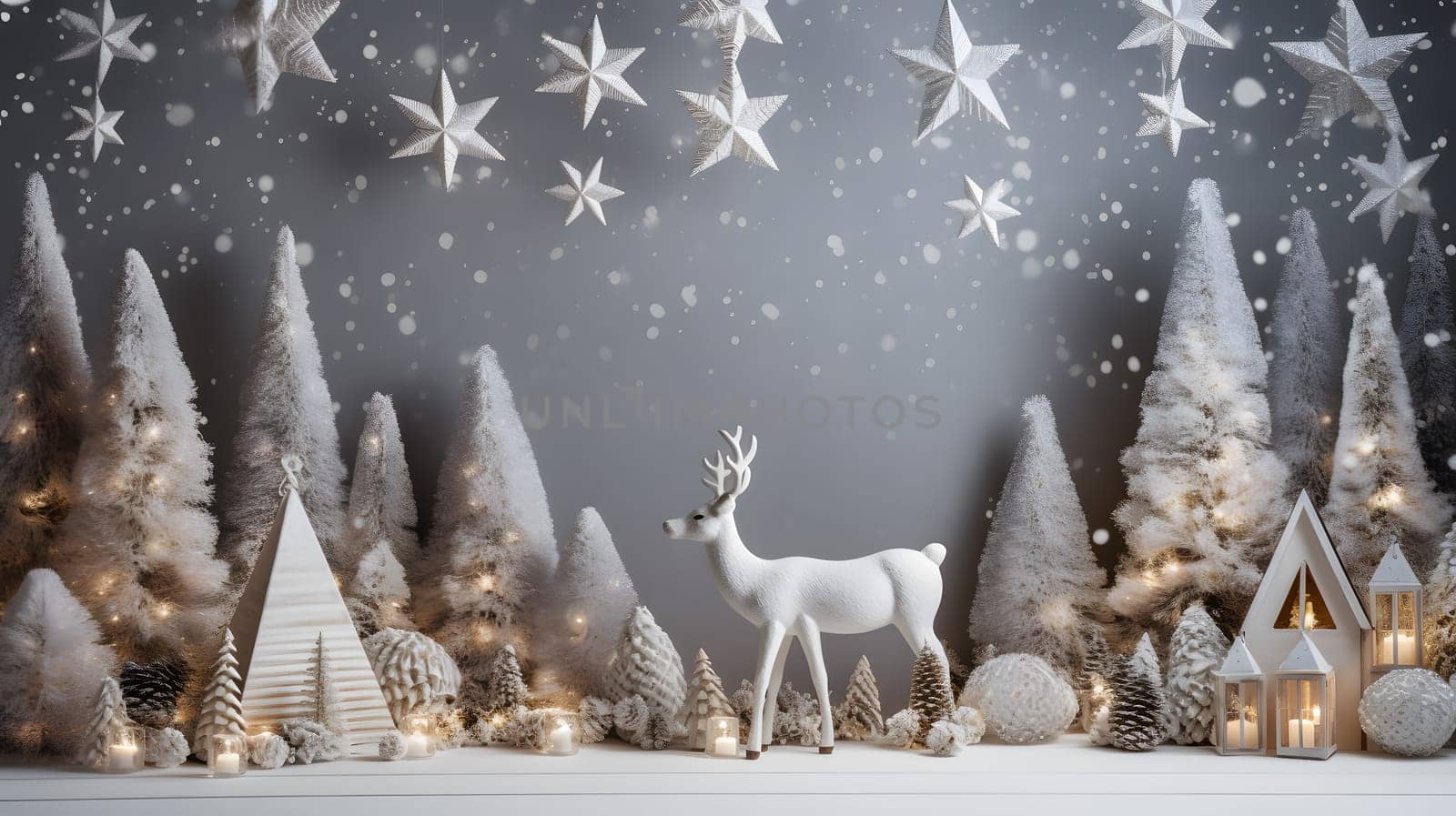 Christmas decorations fir trees and a deer, generative ai. High quality photo