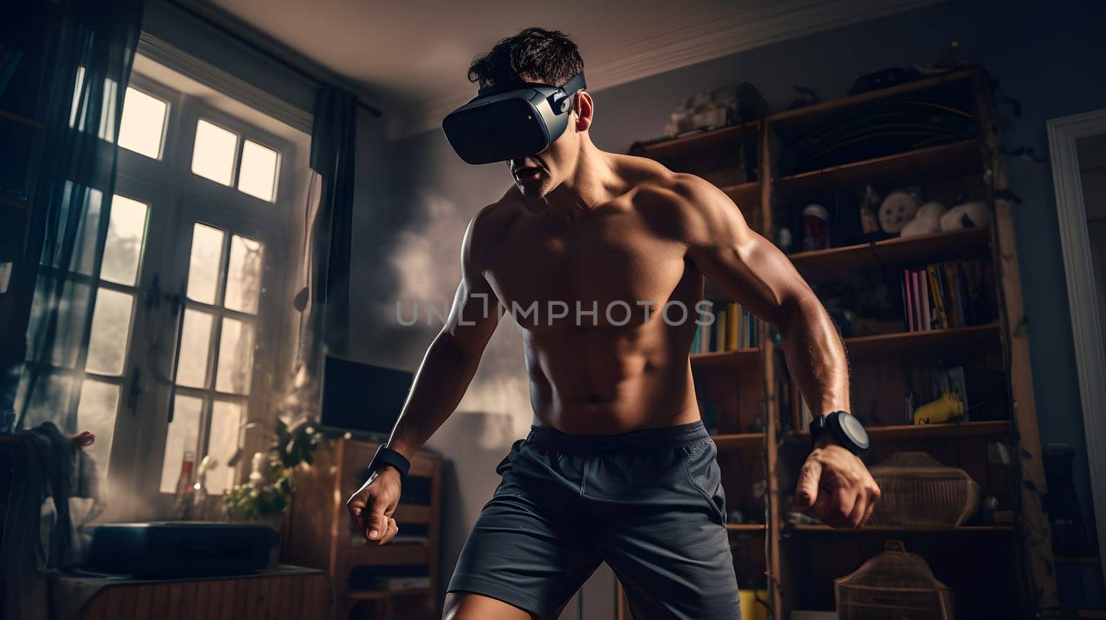 young man exercising at home in vr glasses, generative ai. High quality photo