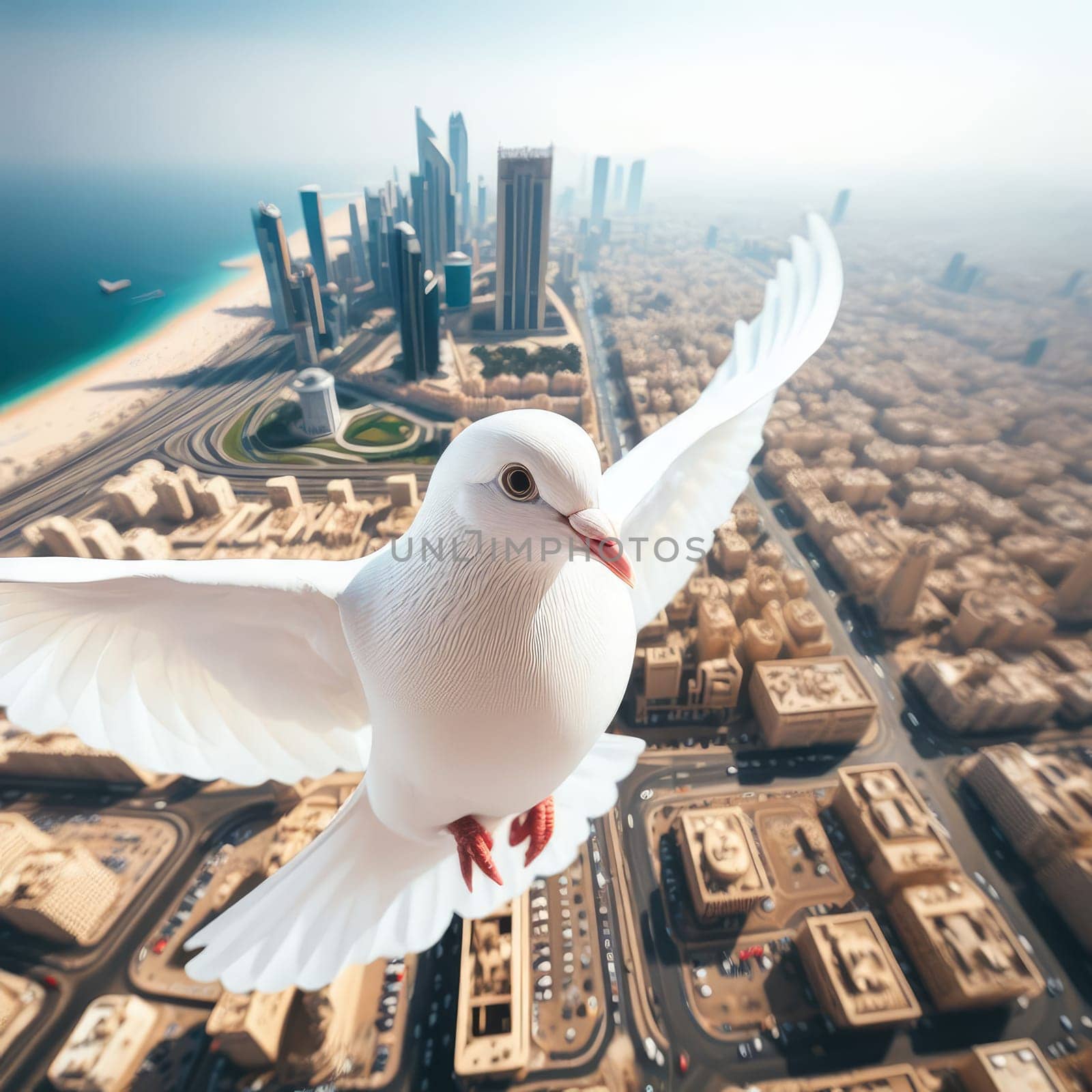 close up photo A white dove of peace flies over an Arab city by Kobysh
