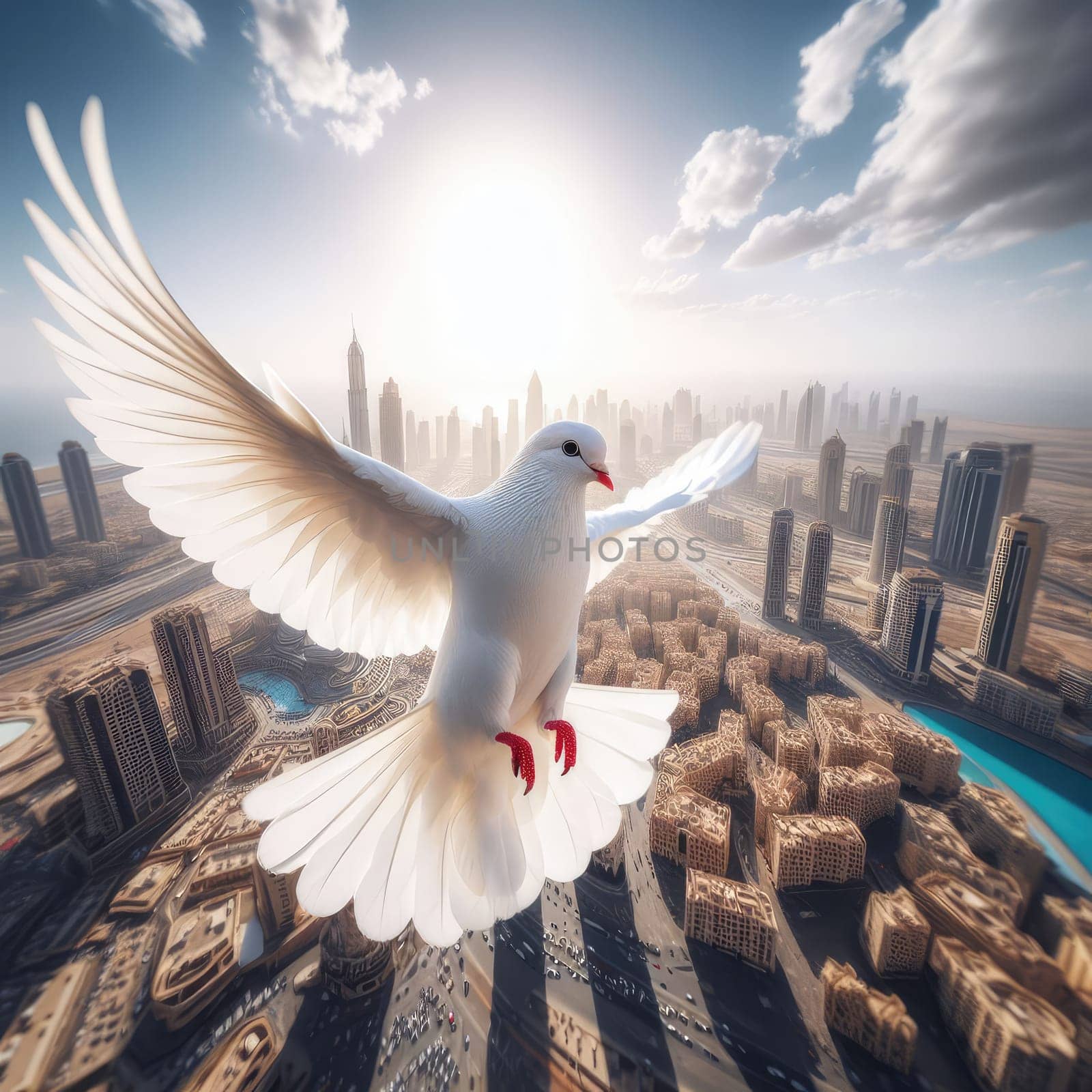 close up photo A white dove of peace flies over an Arab city by Kobysh