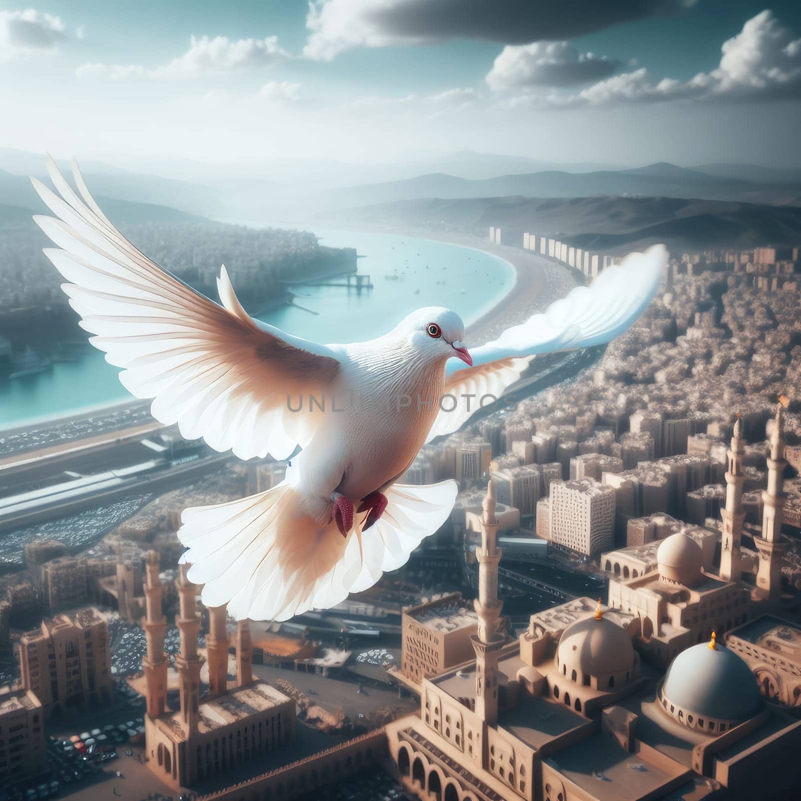 Motion Blur of Dove fly in the air with wings wide over building, peace and freedom over big city concept