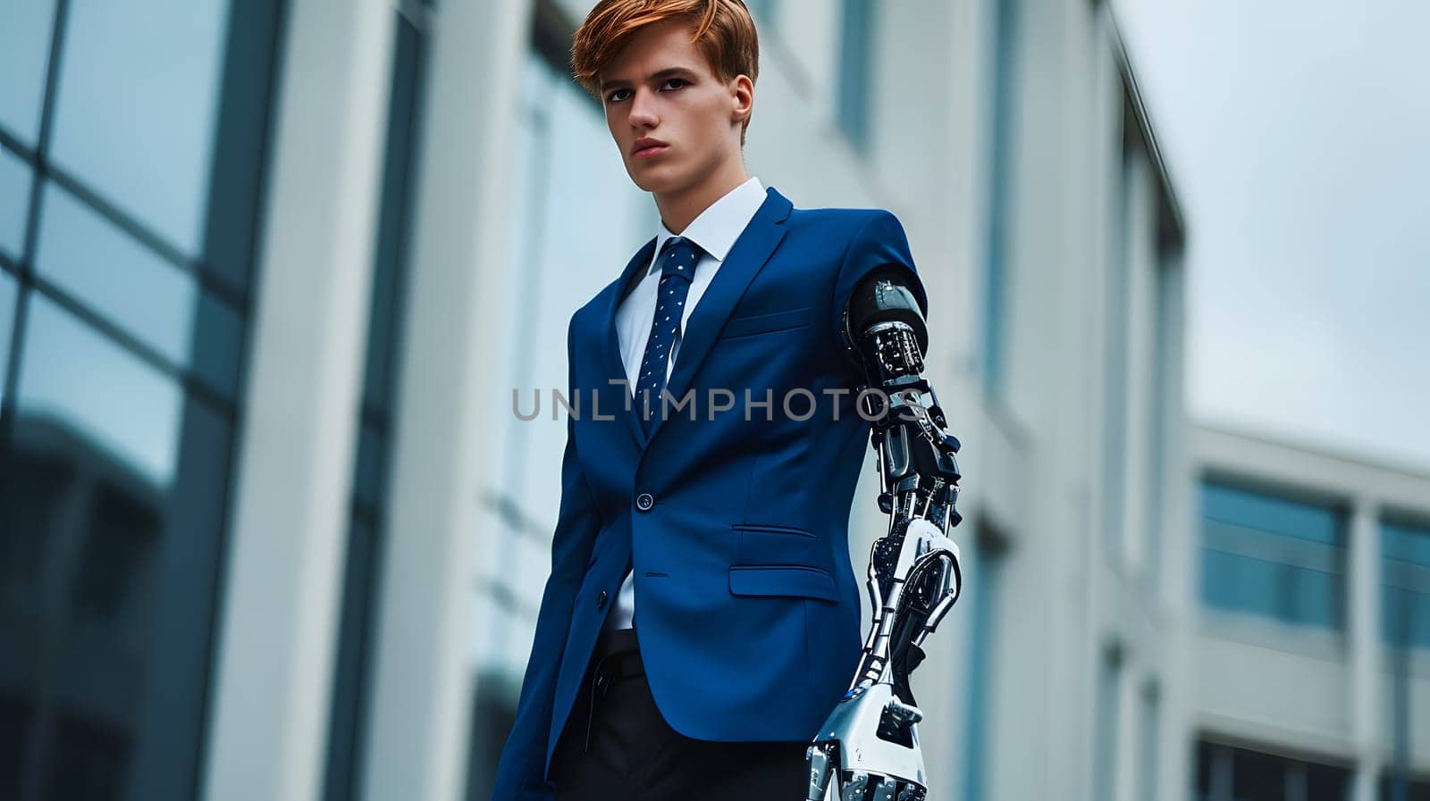 young stylish man with bionic hand, generative ai. High quality photo