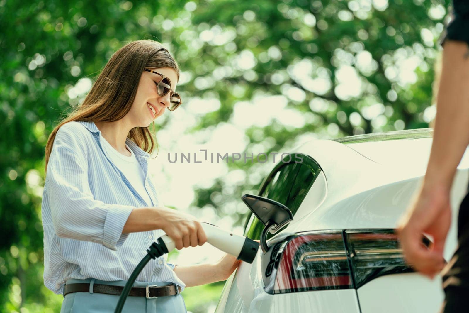 Lovely young couple recharging battery for electric car during road trip. Exalt by biancoblue