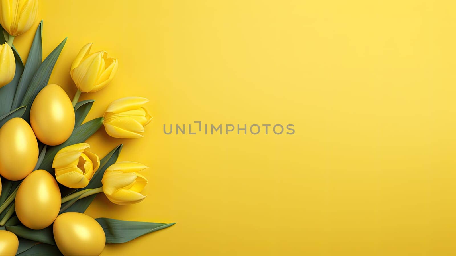 Yellow tulips and yellow eggs isolated on an yellow background, easter celebration concept