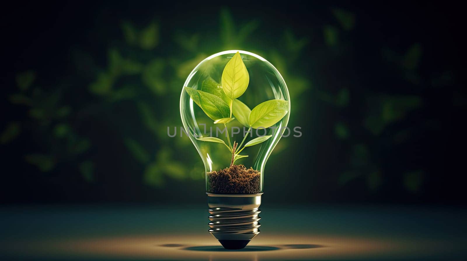 Eco friendly lightbulb from fresh leaves top view, concept of renewable energy and sustainable living by Kadula