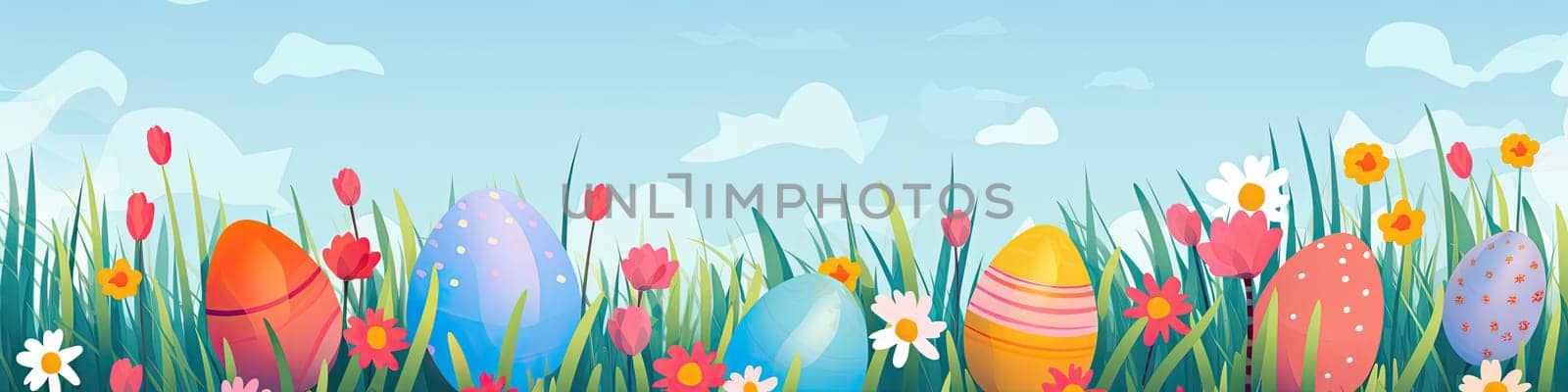 Flat cartoonish style easter banner with a colorful eggs, grass and flowers, with empty copy space by Kadula