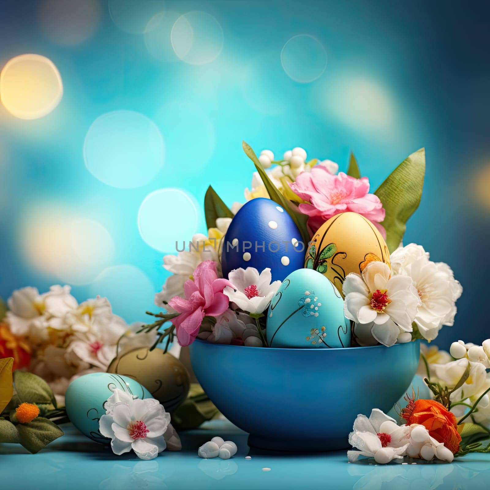 Happy easter background, a bright blue background easter eggs and flowers scene