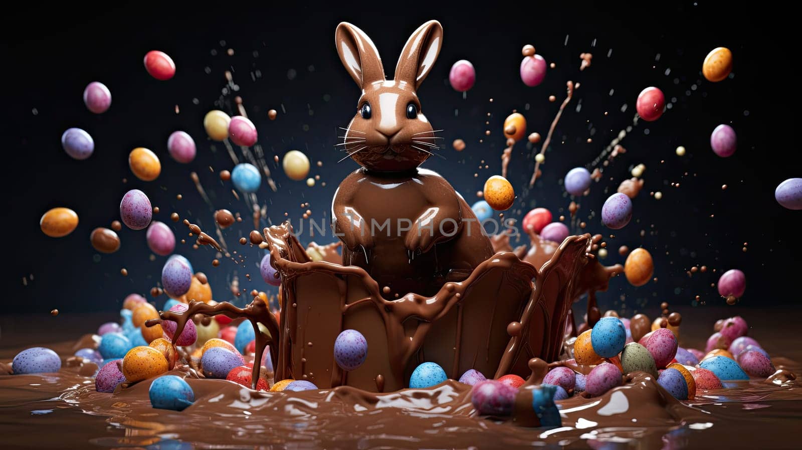 Easter bunny rabbit and an easter eggs making a splash in chocolate, easter celebration concept