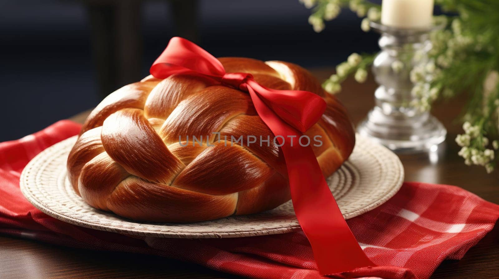 Easter plaited bread with red bow on the table, easter celebration concept