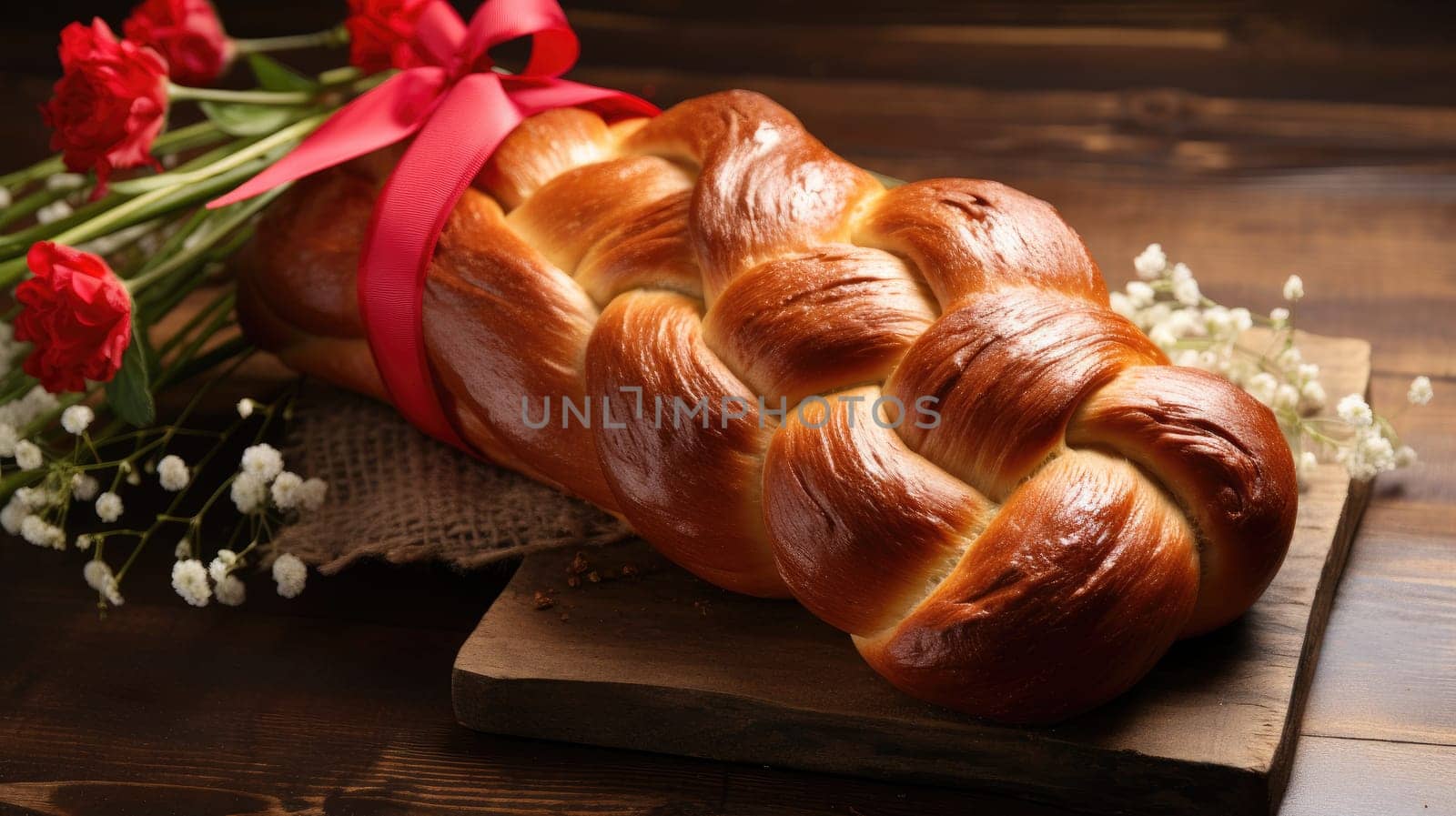 Easter plaited bread with red bow on the table, easter celebration concept