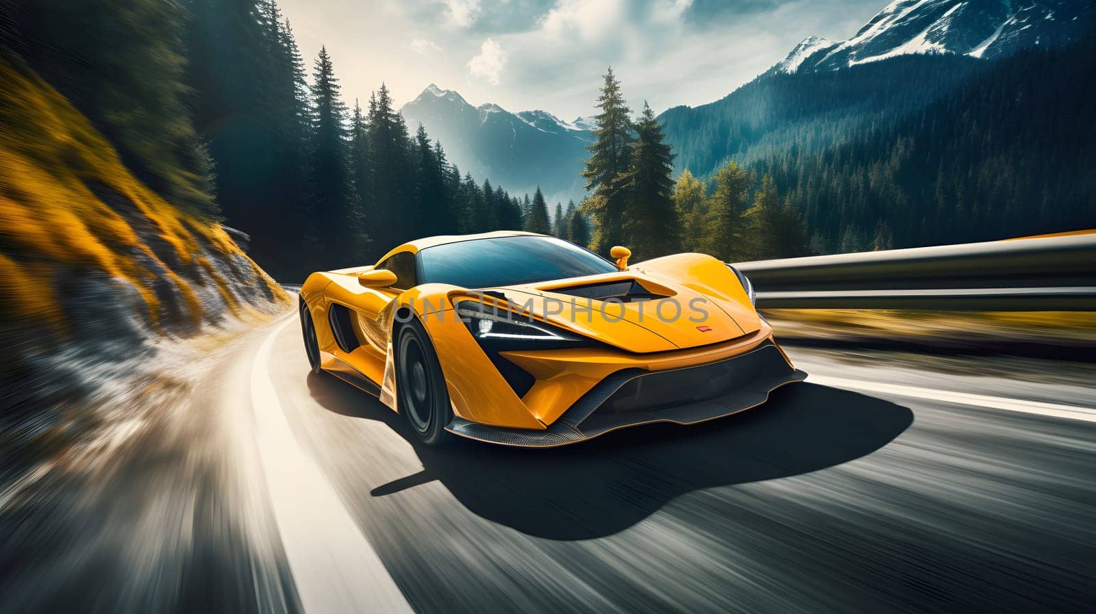 yellow stylish concept sports car driving in the mountains, generative ai. High quality photo