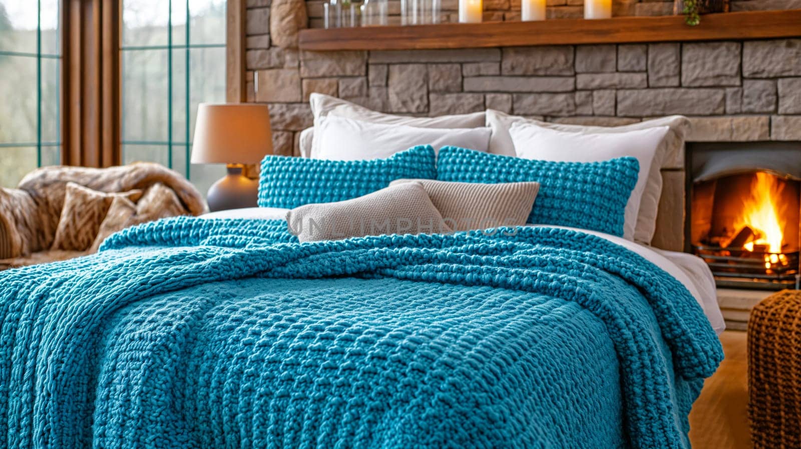 Bed with blue and white pillows and bedspreads. Interior design of a modern bedroom.