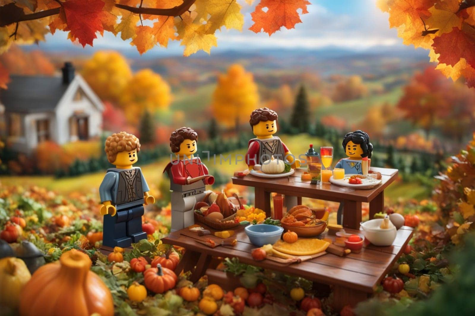 loving family enjoy thanksgiving lunch at the table with view, illustration by verbano