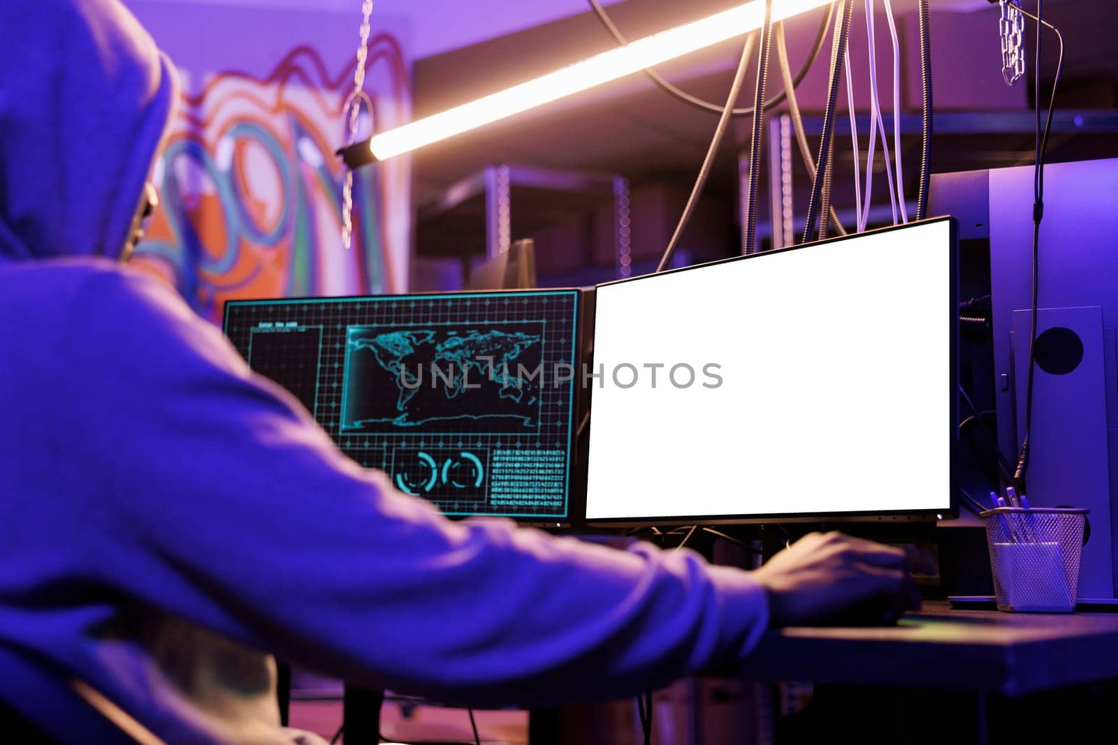 Man hacking on computer empty screen by DCStudio