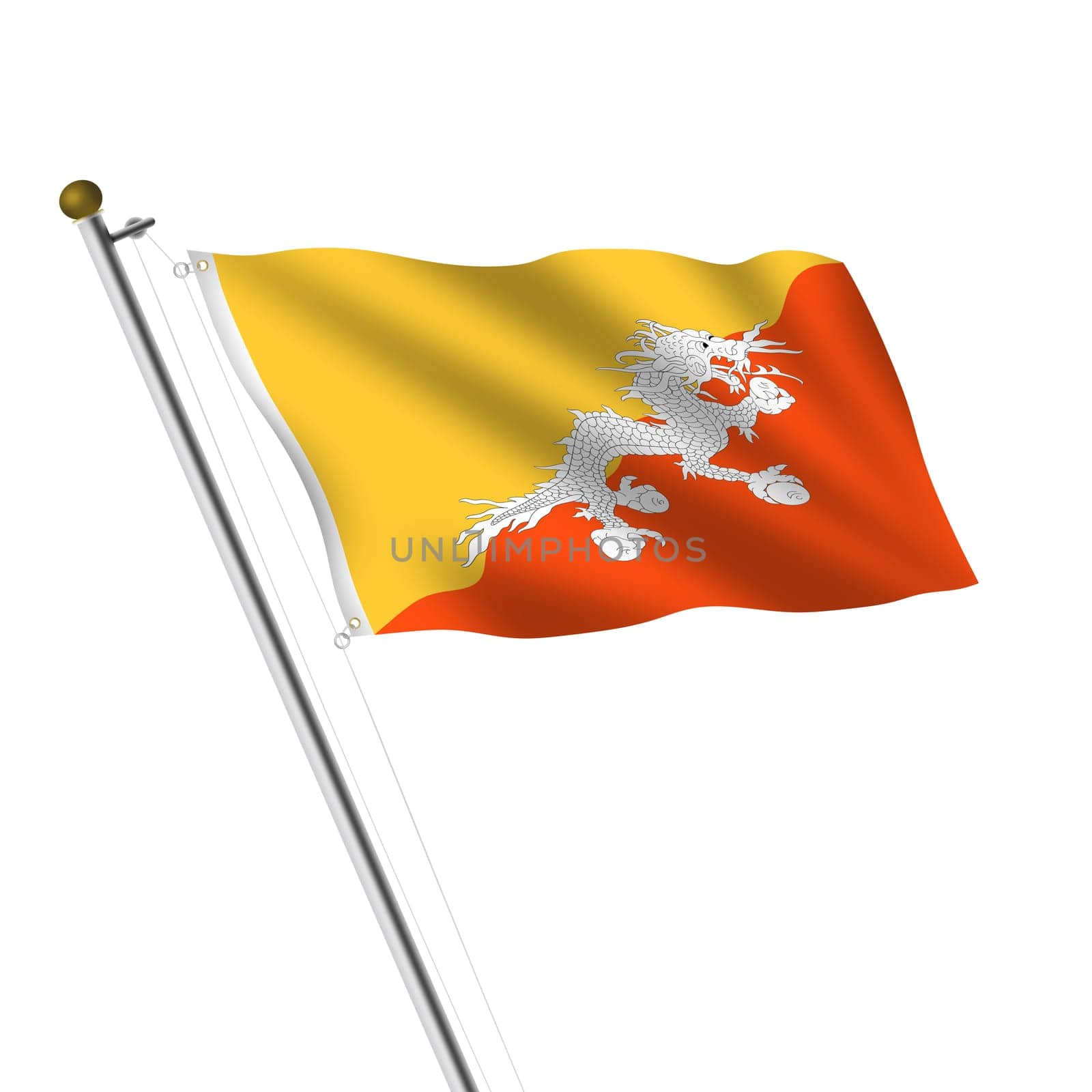 A Bhutan Flagpole 3d illustration on white with clipping path yellow orange diagonal Druk Thander Dragon