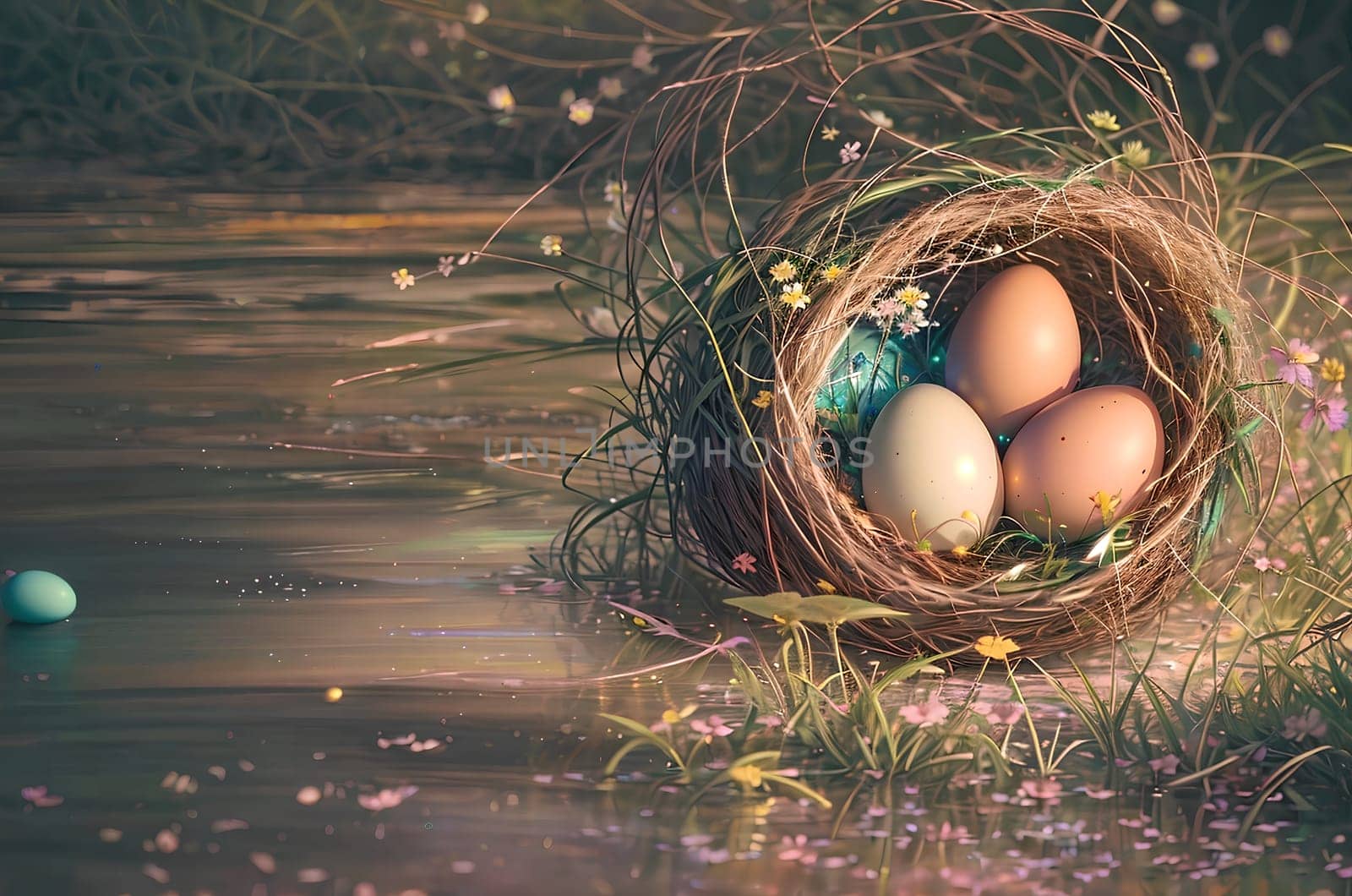 Easter card with painted colored eggs. Abstract background. AI generated image.