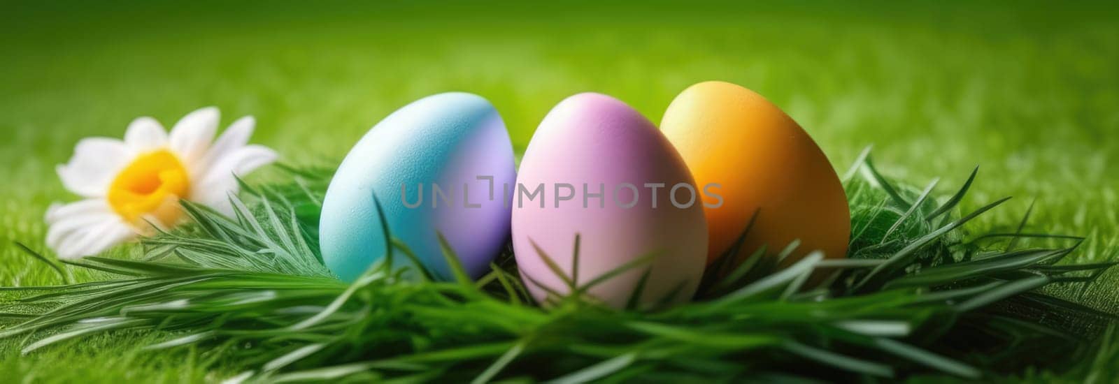 Holiday celebration banner with cute Easter decorated eggs and spring flowers on green spring meadow. Flowers in landscape. Happy Easter greeting card, banner, festive background.Copy space